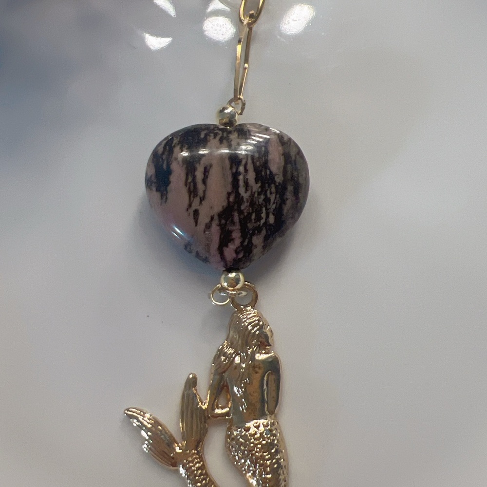 Gold and Black Heart Pendant with Mermaid Charm